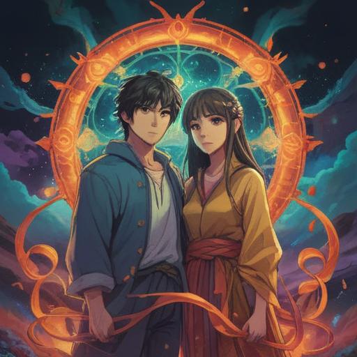 A mystical scene depicting the spiritual significance of soul exchange, two ethereal figures standing face to face, glowing auras intertwining, a celestial background with swirling starry skies, vibrant energy flow, rich symbolism of transformation and connection, serene expressions, 4k