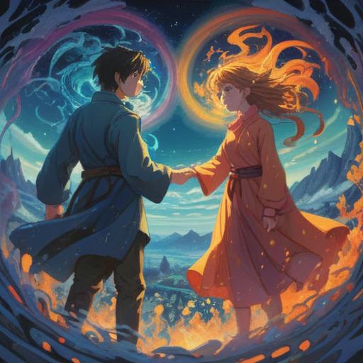 A mystical scene depicting soul exchange, ethereal light swirling around two figures, a sense of transformation and connection, vibrant energy flowing between them, serene expressions on their faces, surrounded by shimmering symbols of spirituality, positive aura radiating from the union, dreamlike atmosphere, harmonious colors, deep meaning, symbolic imagery, 4k