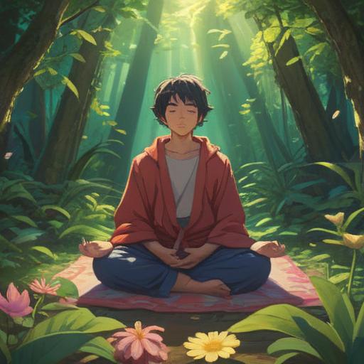 A serene illustration of a person meditating in a tranquil nature setting, surrounded by vibrant flowers and trees, gentle sunlight filtering through leaves, a peaceful expression on their face, symbolizing self-discovery and mental clarity, warm color palette, soft focus, 4k