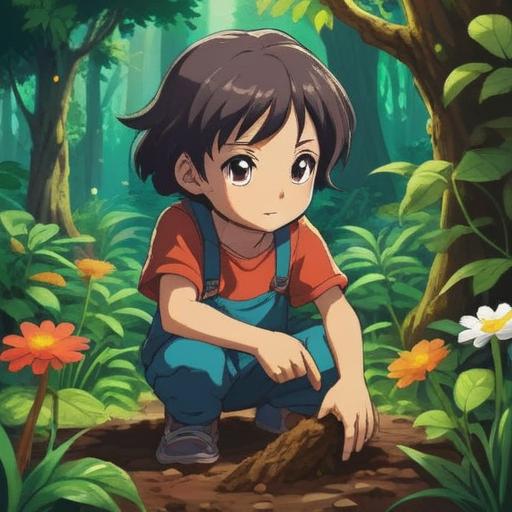 A serene illustration of a child planting a tree in a lush garden, vibrant greenery, gentle sunlight filtering through leaves, a nurturing atmosphere, symbolic elements of growth and care, diverse plants around, expressive emotions on the child's face, encouraging environment, 4k