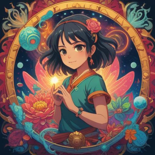 A serene and uplifting illustration representing the joy of the soul, vibrant colors, ethereal light, spiritual symbols such as mandalas and chakras, harmonious nature scene with flowing water and blooming flowers, a figure meditating with a peaceful expression, cosmic elements in the background, flowing energy, 4k