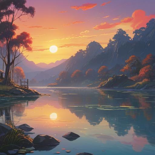 A serene landscape depicting a radiant sunrise over a calm lake, ethereal light reflecting on the water, gentle mist floating above, symbols of joy and spirituality intertwined in nature, vibrant flowers blooming, animals peacefully interacting, a soft rainbow arching in the background, harmonious atmosphere, inviting energy, 4k