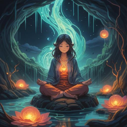 A serene illustration depicting a person sitting in meditation, surrounded by ethereal light, tangible waves of energy, celestial symbols floating gently, a distant view of nature, a feeling of unease in the atmosphere, subtle hints of darkness, interconnectedness with the universe, spiritual awakening, soft focus, harmonious colors, 4k