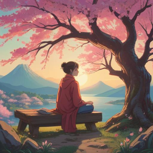 A serene and peaceful illustration depicting spiritual habits that enrich the soul, a tranquil setting with a person meditating under a cherry blossom tree, soft sunlight filtering through branches, gentle breeze, calming colors, symbols of mindfulness like incense and candles, a lush garden surrounding, harmonious atmosphere, 4k
