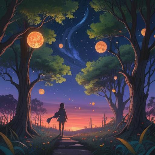 A mystical night scene representing the spiritual meaning of the soul's darkness, silhouettes of trees against a starry sky, glowing orbs of light symbolizing lost souls, ethereal fog creeping across the ground, deep emotions conveyed through the colors, introspective atmosphere, serene yet haunting, delicate details in the shadows, 4k