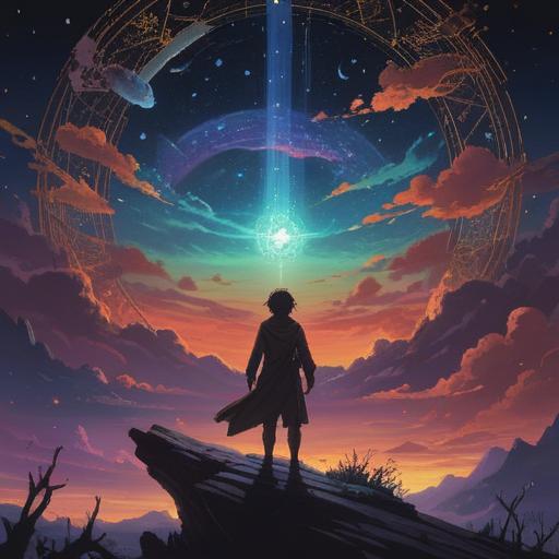 A mystical illustration depicting a dark night filled with spiritual symbols, glowing stars illuminating the sky, a silhouette of a meditative figure surrounded by ethereal light, hints of positive energy flowing through shadows, serene landscape with a hint of magic, deep blues and purples, 4k