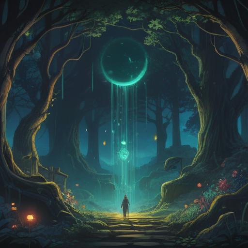 A mystical night scene depicting spiritual signs in the darkness of the soul, ethereal glow illuminating symbols of guidance, shadowy figures representing inner struggles, vibrant energy emanating from a full moon, lush forest background, introspective atmosphere, enchanting and eerie ambiance, vivid details that invite reflection, 4k