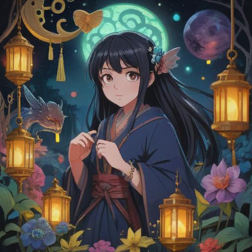 A mystical scene depicting a character emerging from the dark night of the soul, surrounded by symbols of luck and hope, glowing talismans, ethereal light breaking through shadows, a serene expression on the character’s face, enchanted forest background, vibrant colors, dreamlike atmosphere, 4k