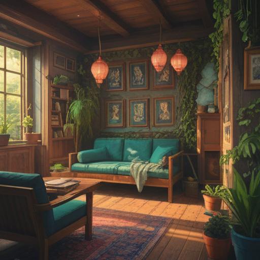 A tranquil space for self-discovery, serene environment, natural elements like plants and sunlight, cozy seating area, soft colors, inviting atmosphere, personal belongings reflecting individuality, mindful meditation, calming art and inspiring quotes, peaceful surroundings, harmony with nature, therapeutic experience, 4k