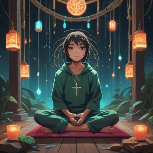 A serene illustration of meditation, a person sitting cross-legged, surrounded by ethereal lights and symbols representing luck, a calming environment with nature elements, gentle ripples in water, a sense of harmony and balance, tranquil atmosphere, soft colors, spiritual vibes, 4k
