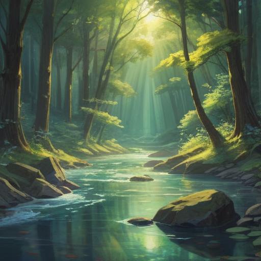 A serene nature scene, a tranquil forest with soft beams of sunlight filtering through the trees, a gently flowing river reflecting the sky, ethereal colors and ambience, symbols of spirituality like feathers and crystals scattered around, a peaceful figure meditating by the riverbank, feelings of connection and introspection, harmonious atmosphere, inviting serenity, 4k