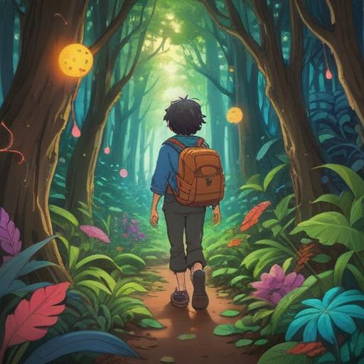 A whimsical illustration of a mystical journey, a person wandering through a colorful forest filled with unique plants, carrying a lucky charm, a glowing pendant in hand, ethereal light beams shining down, vivid colors, enchanting atmosphere, picturesque scenery, 4k