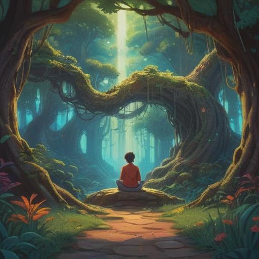 A serene landscape with a winding path leading to a mystical forest, a figure meditating under an ancient tree, ethereal light illuminating the surroundings, spiritual symbols gently floating in the air, tranquil atmosphere, harmony with nature, inner peace, 4k