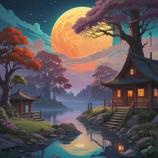 A serene night landscape, a vibrant full moon illuminating the sky, ethereal glow surrounding the moon, mystical symbols in the air, nature in tranquility, reflective water surface, spiritual connection, soft clouds drifting, calming atmosphere, 4k