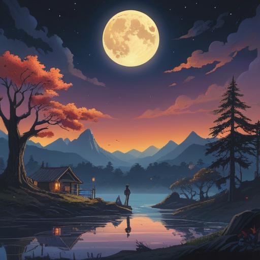 A serene night scene featuring a bright full moon illuminating a tranquil landscape, mystical symbols subtly appearing in the night sky, a silhouette of a person meditating under the moonlight, ethereal glow surrounding the moon, hints of spiritual energy in the air, calm water reflecting the moon, stars twinkling, peaceful ambiance, 4k