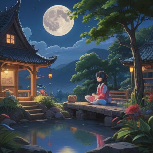 A serene night scene under a full moon, preparing for a spiritual reflection, individuals meditating in a tranquil garden, soft glow of moonlight illuminating faces, nature surrounding them, peaceful atmosphere, sense of connection with the universe, deep breathing exercises, ethereal light aura, 4k
