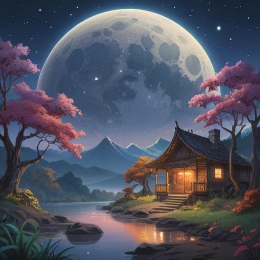 A serene night scene featuring a luminous full moon in the sky, casting gentle light over a tranquil landscape, symbols of spiritual awakening and introspection, silhouettes of trees and mountains in the background, soft glowing orbs representing energy and connection, peaceful atmosphere, ethereal quality, reflective water surface, 4k