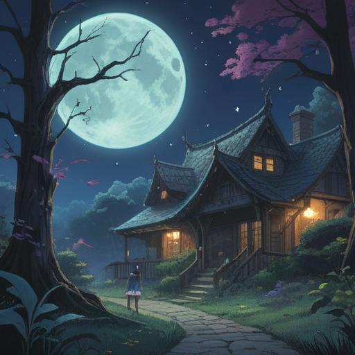 A mystical scene under this month's full moon, a serene night sky filled with stars, a tranquil landscape illuminated by moonlight, subtle spiritual symbols in the foreground, an aura of positive energy and enlightenment, gentle flowing water reflecting the moon, peaceful animals gathering around, a sense of harmony and balance, 4k