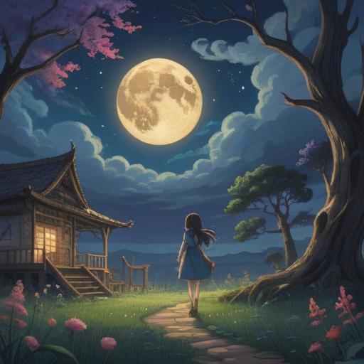 A mystical illustration depicting a serene night sky, full moon casting gentle light, spiritual symbols appearing in the clouds, ethereal figures guiding, nature alive with energy, a tranquil setting invoking reflection and awareness, 4k