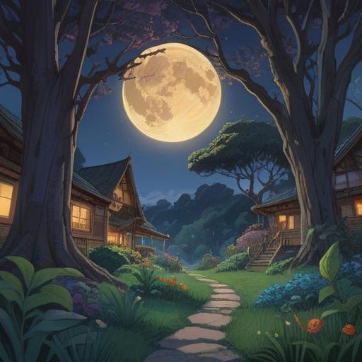 A serene nighttime scene with a full moon shining brightly, gently illuminating a peaceful garden, soft shadows cast by trees, a person meditating under the moonlight, surrounded by glowing flowers, reflecting a sense of calm and energy flow, harmonious atmosphere, deep connection with nature, 4k