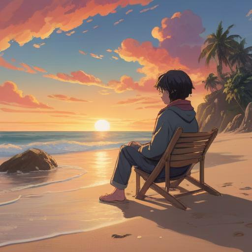 A serene and introspective scene, depicting a person sitting on a peaceful beach at sunset, reflecting on past joys that now feel distant, soft waves gently lapping at the shore, a warm orange and purple sky, subtle hints of self-discovery and spiritual growth, an aura of calmness and transformation, 4k