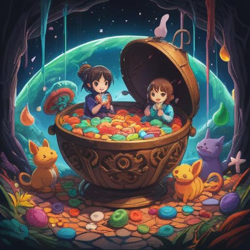 A whimsical illustration of a lucky item bringing joy, vibrant colors, cheerful atmosphere, a variety of colorful lucky charms, playful characters celebrating, a radiant sunset in the background, magical sparkles surrounding the items, 4k