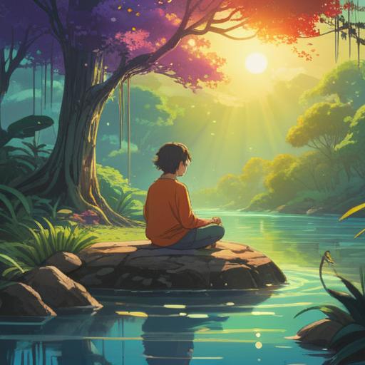 A serene landscape depicting a person meditating in a peaceful environment, vibrant colors, sunlight filtering through trees, gentle breeze, tranquil water reflections, embodiment of mindfulness, spiritual awakening, harmony with nature, 4k