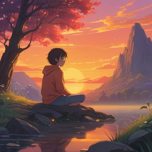 A serene moment of mindfulness, a person meditating in a peaceful nature setting, vibrant colors of a sunset, glowing energy surrounding them, manifestations of positive spiritual signs in the air, lush greenery, gentle flowing water in the background, harmonious atmosphere, 4k