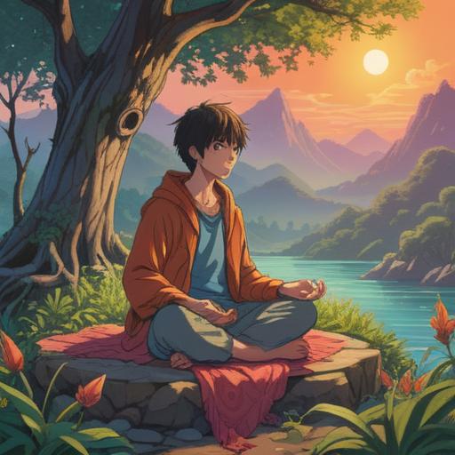 A vibrant illustration depicting a person meditating in a serene outdoor setting, surrounded by nature, symbolizing mindfulness and concentration, various lucky charms scattered around, warm sunlight filtering through the trees, peaceful expression on the person's face, detailed flora and fauna, calming atmosphere, 4k
