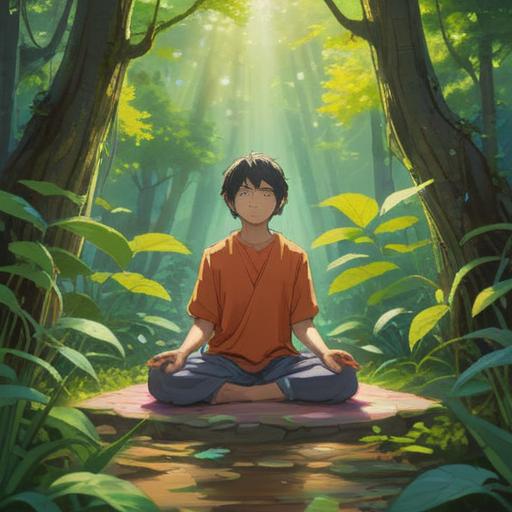 A serene scene of a person meditating in a tranquil nature setting, surrounded by lush greenery and gentle sunlight filtering through the trees, calm water reflecting the sky, peaceful expression on the person's face, mindful breathing, sense of harmony with nature, moments of stillness, 4k