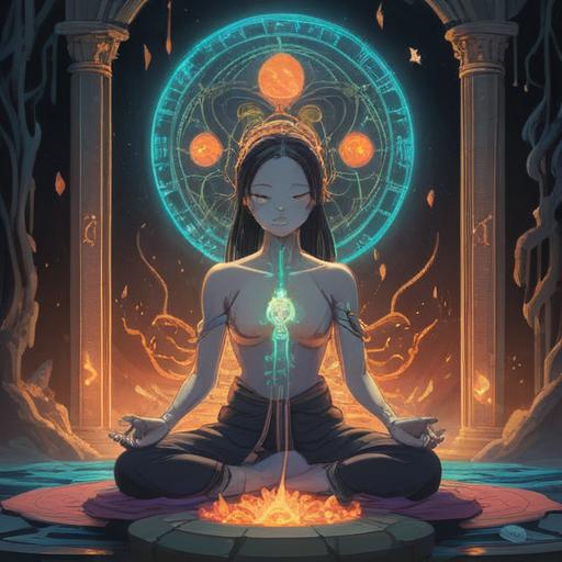 A serene illustration depicting a person in meditation, ethereal light surrounding them, symbolic bones softly glowing, spiritual symbols in the background, a tranquil nature setting, mindfulness and awareness, soft pastel colors, 4k