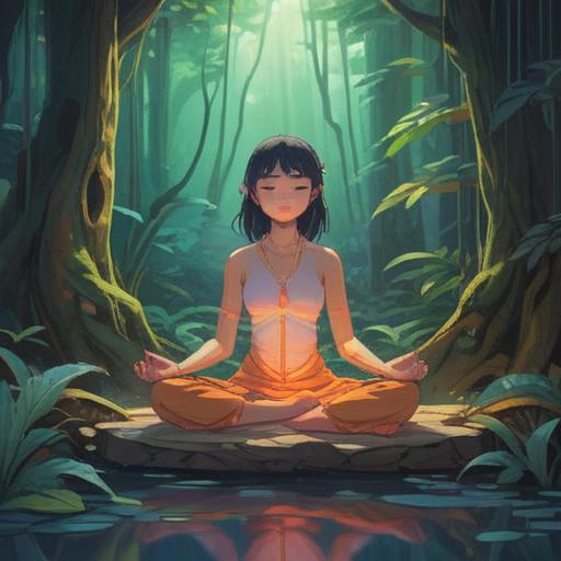 A serene illustration depicting a person meditating in a tranquil environment, surrounded by gentle light emanating from the pelvis area, ethereal symbols of balance and harmony floating around, soft colors, spiritual energy flowing, natural elements like plants and water, harmonious atmosphere, 4k