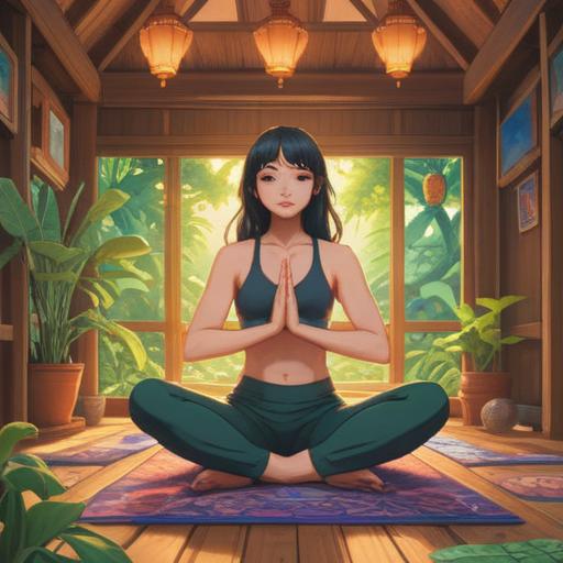 A serene illustration of a person practicing yoga to align their pelvis, surrounded by soft natural light, symbols of good fortune like four-leaf clovers in the background, tranquil environment, harmonious colors, calming atmosphere, detailed character expression, 4k