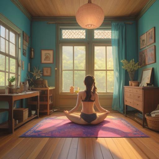 A serene home setting, showcasing a person performing pelvic care exercises, warm sunlight streaming through the window, yoga mat on the floor, comfortable clothing, calm ambiance, healthy lifestyle, focus on well-being, natural plants in the background, 4k