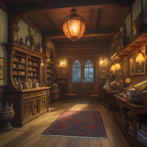A mystical antique shop filled with enchanting artifacts, warm golden light illuminating various vintage items, a serene atmosphere, soft glow around a particularly intriguing object, spiritual symbols subtly present, rich textures of aged wood and metal, inviting ambiance, a sense of connection to the past, 4k
