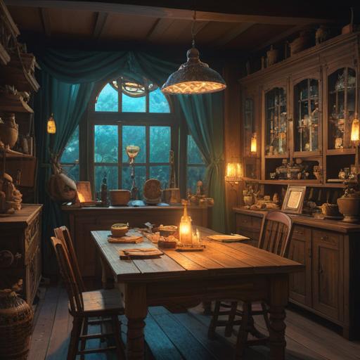 A captivating scene of antique objects displayed on a wooden table, ethereal glow surrounding each item, hints of mystical symbols and signs subtly integrated, serene atmosphere filled with soft, diffused light, a sense of connection to the spiritual world, intricate details on each antique, inviting viewers to explore their meanings, 4k