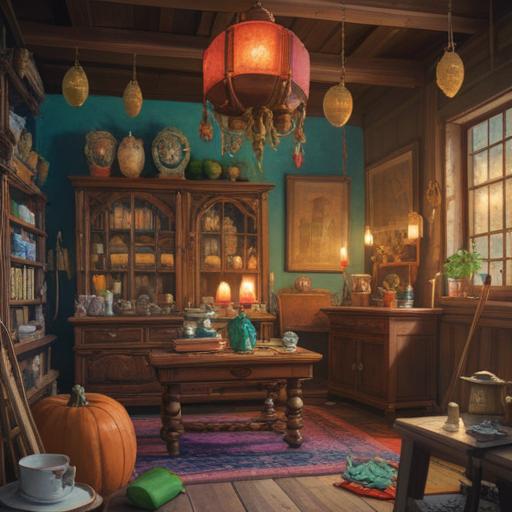 Antique items displayed beautifully, surrounded by various lucky charms, warm and inviting atmosphere, intricate details of the antiques, soft light highlighting the textures, a sense of history and mystique, harmonious arrangement, tranquil setting, 4k