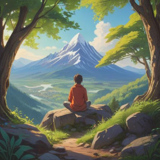 A serene and tranquil scene depicting a person meditating on a mountain top, gentle sunlight filtering through the trees, symbols of healing energy around them, a vibrant aura representing spiritual awakening, peaceful expression on their face, nature surrounding, soft breeze rustling leaves, a path symbolizing personal growth, uplifting atmosphere, 4k