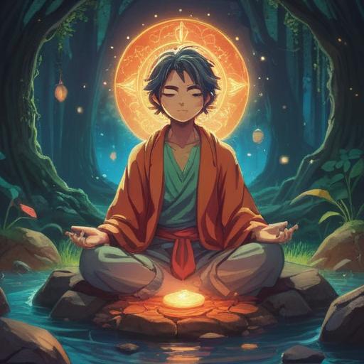 A serene and mystical illustration, a glowing lucky stone radiating calming energy, a person meditating peacefully with a gentle smile, surrounded by ethereal lights and nature, soft colors, harmonious atmosphere, nature elements like trees and flowers, conveying relief from back pain, 4k