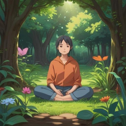 A serene lifestyle scene depicting self-care and healing, a person meditating in a peaceful garden, soft sunlight filtering through the trees, surrounded by blooming flowers, gentle water flow from a nearby stream, calm and inviting atmosphere, emphasis on tranquility and reflection, healing journey, personal growth, vibrant nature, tranquility and mindfulness, 4k