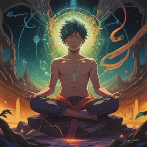 A powerful image depicting the spiritual meaning of lower back pain and anger, a person sitting in meditation surrounded by vibrant energy fields, contrasting dark clouds representing anger and light illuminating the lower back, symbolizing emotional release and healing, emotional turmoil transformed into positive energy, rich colors, dynamic composition, 4k