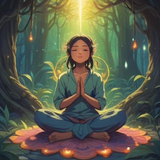 A serene illustration depicting a person meditating with a gentle smile, surrounded by healing light, symbolic representations of spine alignment, ethereal nature elements like flowing water and soft clouds, a sense of tranquility and balance, spiritual energy flowing through the body, inviting warm colors, harmonious atmosphere, abstract representations of pain transforming into positive energy, 4k