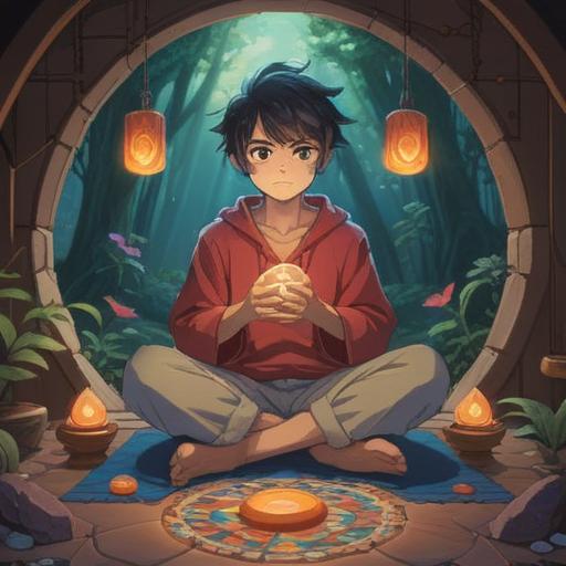 A serene scene depicting a person sitting cross-legged on a soft mat, gently holding a beautiful lucky stone, soft glow emanating from the stone, a peaceful expression on their face, surrounded by soothing nature, gentle sunlight filtering through leaves, calm atmosphere, vibrant colors, emphasis on tranquility and healing, 4k