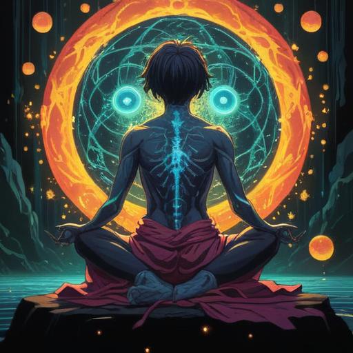 A serene and mystical illustration depicting the spiritual meaning of back pain, a figure in a meditative pose surrounded by glowing orbs of energy, illustrating the connection between physical pain and emotional release, flowing energy lines symbolizing healing, ethereal colors, calming atmosphere, detailed nature background, 4k