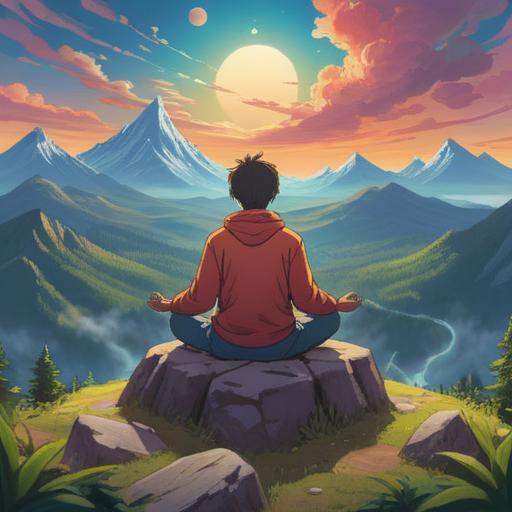 A serene illustration depicting a person meditating on a mountaintop, surrounded by a gentle aura, vibrant energy flow representing healing, soft rays of sunlight illuminating their posture, symbolic elements like lotus flowers and chakras, peaceful nature scenery, birds flying in the background, spiritual growth and connection, calming atmosphere, 4k