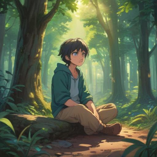 A serene moment depicting a person sitting cross-legged in a tranquil environment, gentle light filtering through trees, the character displaying a contemplative expression, symbolic elements like a spine silhouette and energy flow lines, representing spiritual awareness, harmonious colors, calming atmosphere, 4k