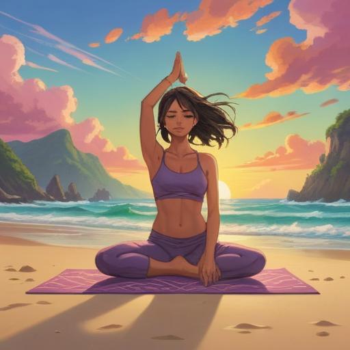 A serene wellness scene, a person practicing yoga on a tranquil beach at sunrise, surrounded by nature, gentle waves lapping at the shore, healing crystals nearby, warm and uplifting atmosphere, bright colors, inspirational energy, peaceful expression, 4k