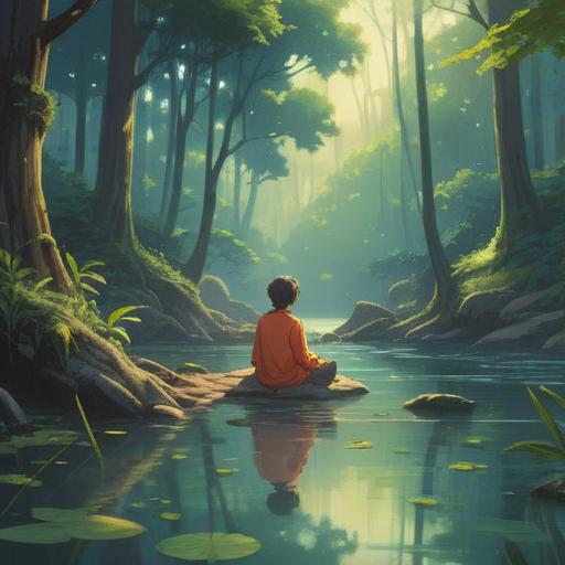 A serene illustration of a tranquil meditation scene, soft natural light filtering through trees, a person meditating by a peaceful river, vibrant green surroundings symbolizing purity, delicate floral details representing positivity, calming water reflections, harmonious atmosphere, 4k