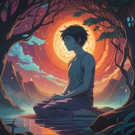A serene illustration of a human figure in a meditative pose, highlighting the left side of the lower back, surrounded by ethereal light and symbols, representing spiritual awareness, calming nature elements like trees and flowing water, energy flow visualization, soft and tranquil atmosphere, 4k