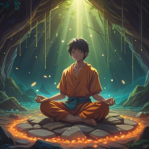 A serene visualization of a person meditating with a glowing left side, surrounded by shimmering spiritual lucky stones, soft light filtering through trees, an aura of tranquility and healing energy, nature-inspired elements, gentle colors, 4k